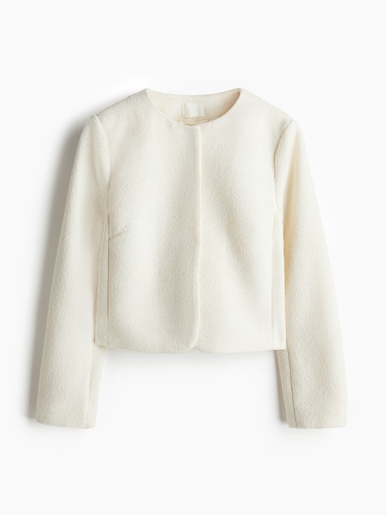 H&M Jackets & Blazers - NWT H&M Cream Short Jacket | Bouclé Tweed Cropped Collarless Snap Button | XS